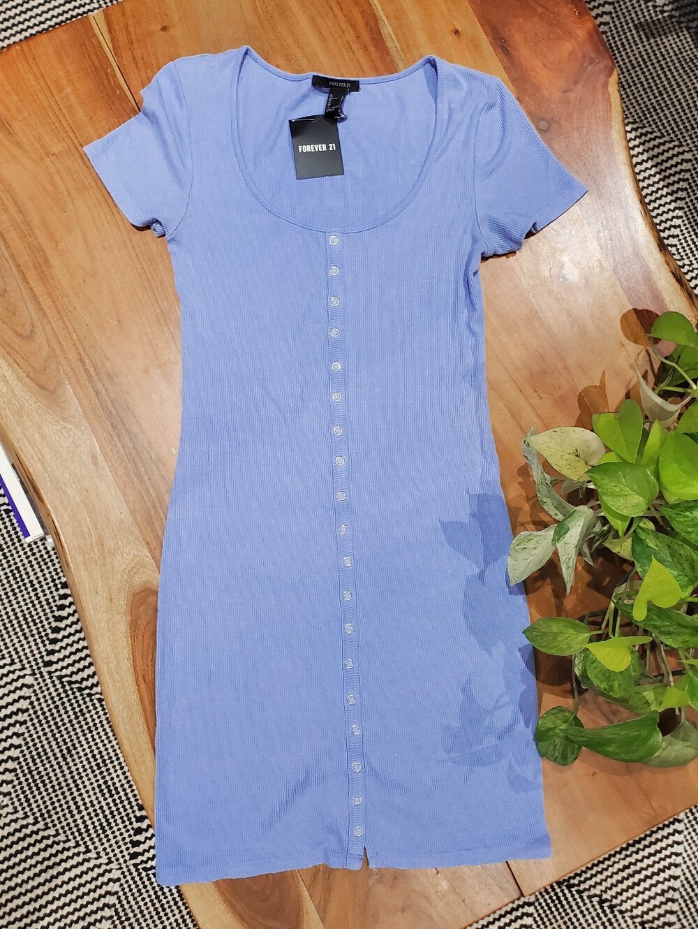 Soft Boat Neck Knit Button Down Henley T Shirt Dress In Periwinkle